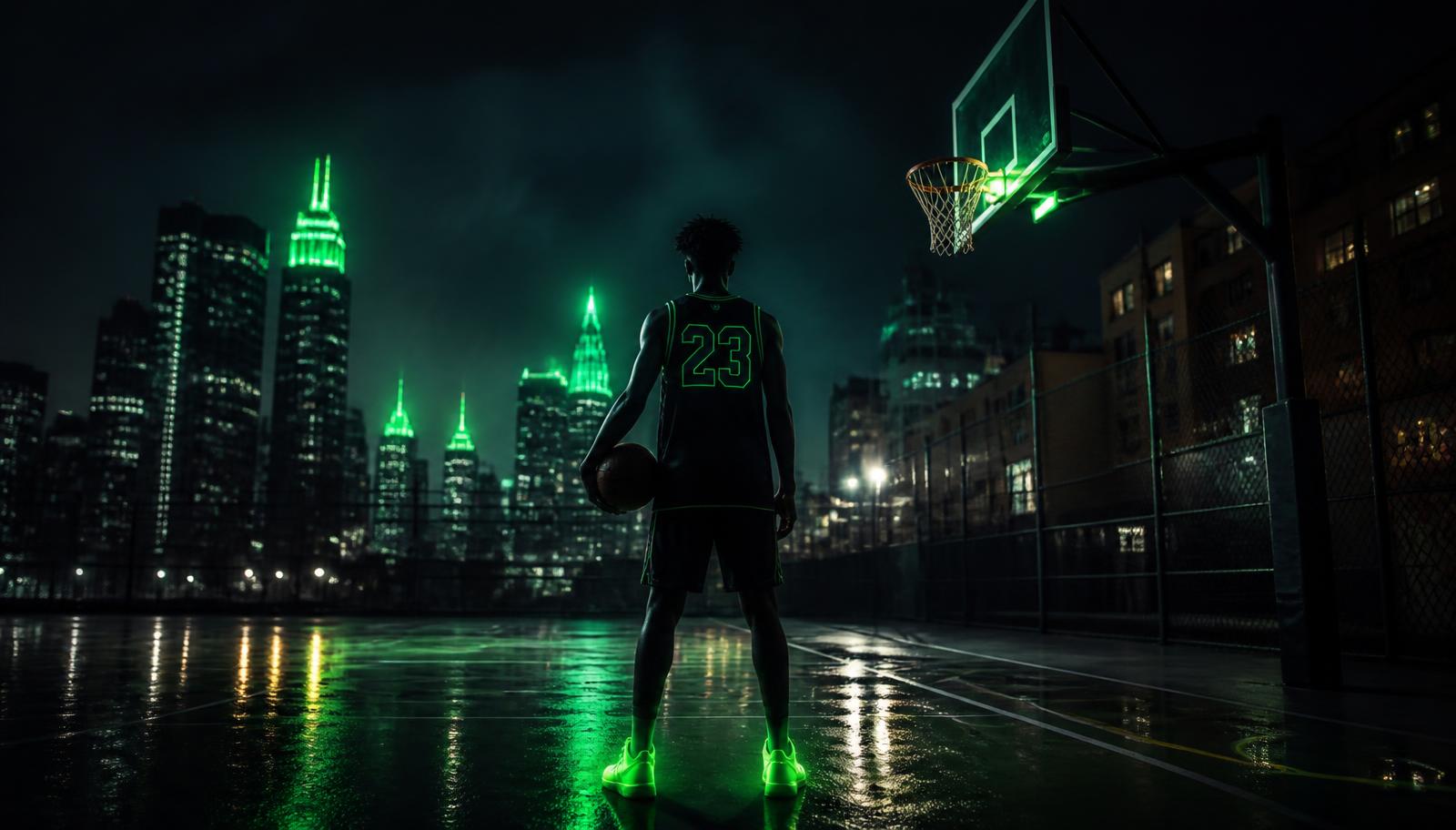 Basketball player on an outdoor court at night